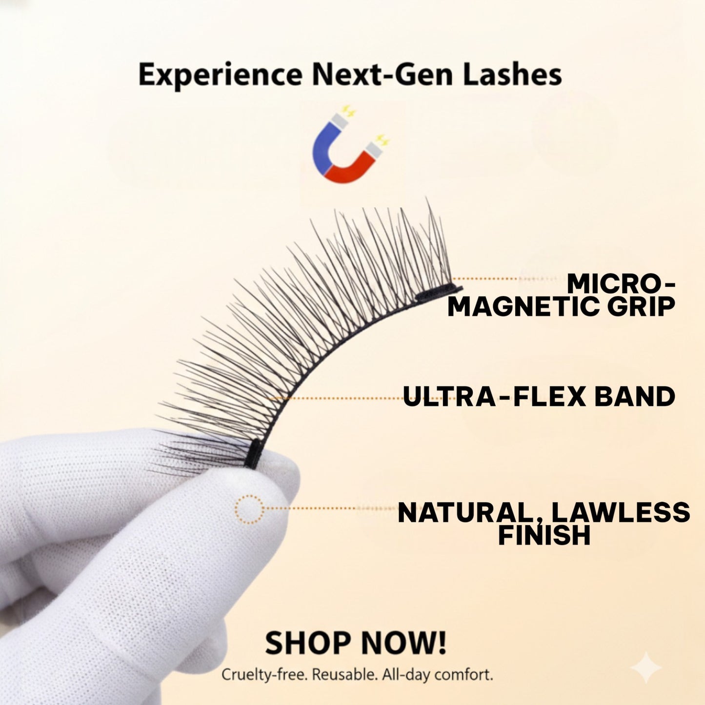 Magnetic eyelashes with labeled features and 'Shop Now!' call to action on a beige background