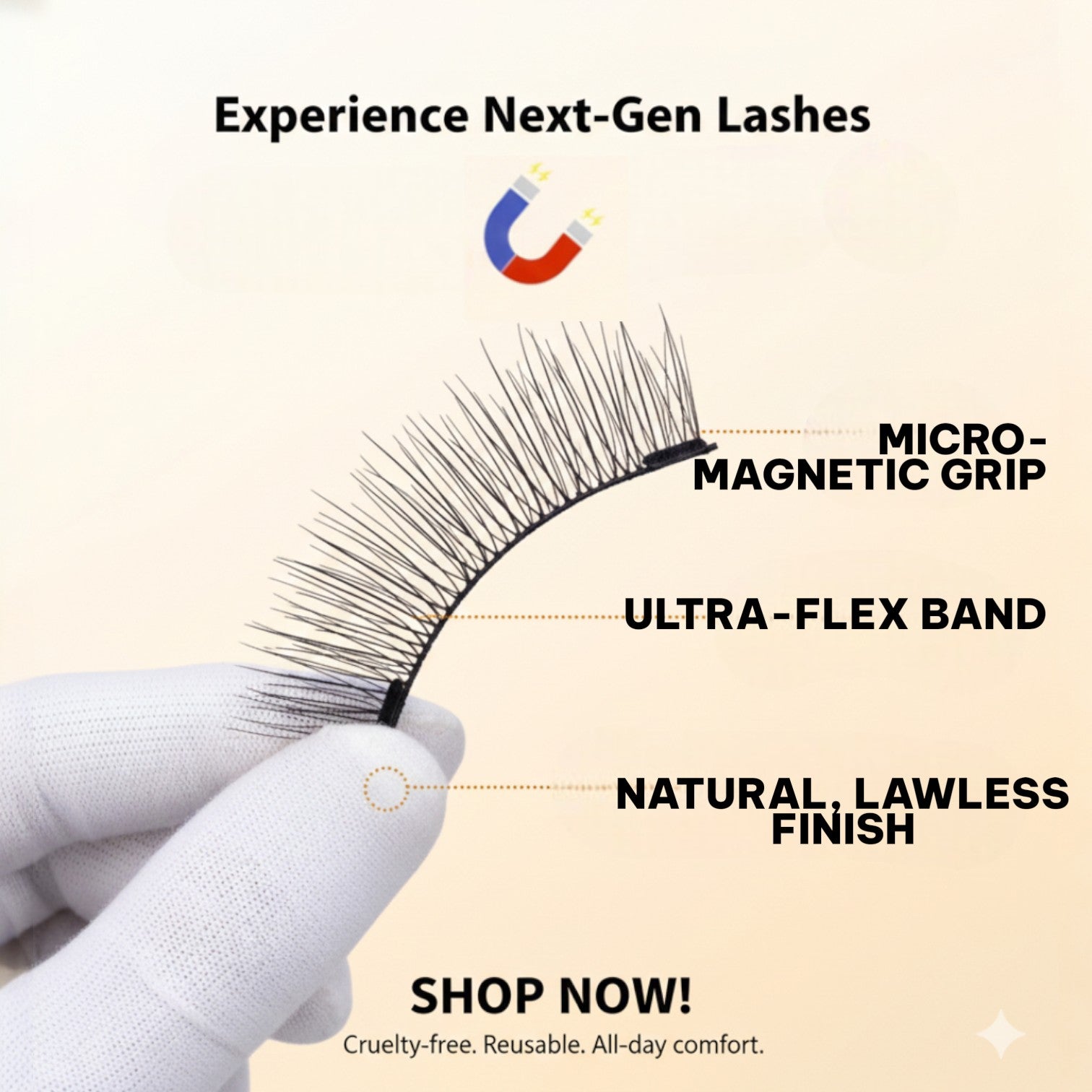 Magnetic eyelashes with labeled features and 'Shop Now!' call to action on a beige background