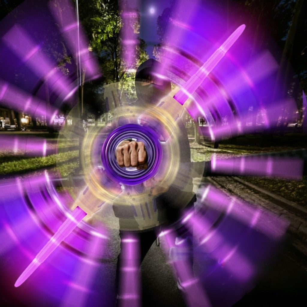 Person holding a glowing purple object with a futuristic design in an urban night setting.