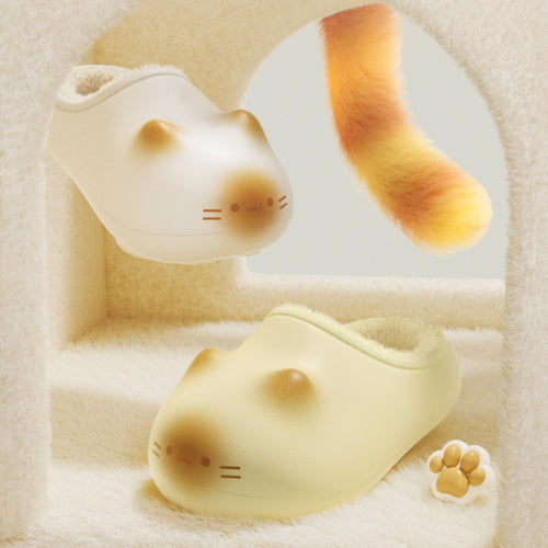 Two cute animal-shaped slippers on a soft beige background