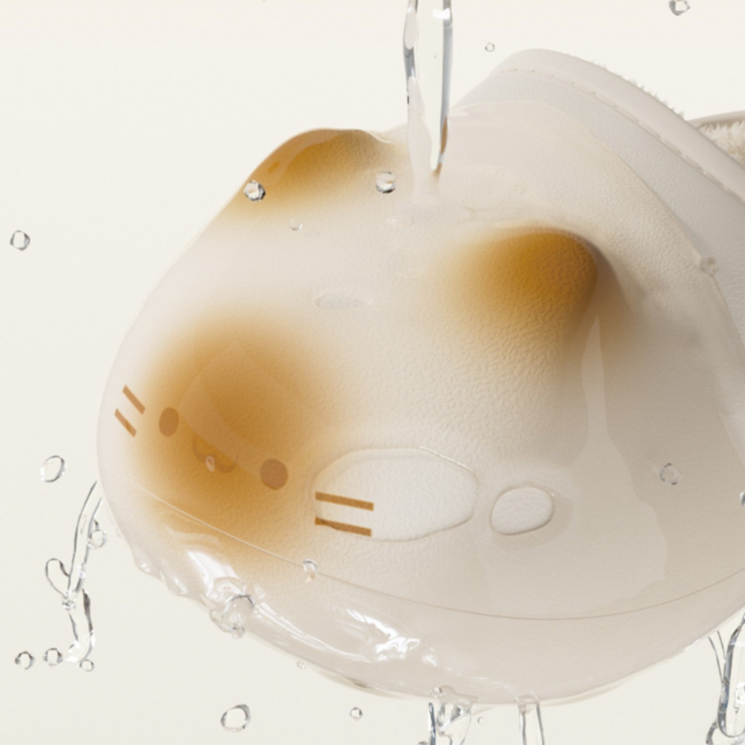 Cute cartoon character with a brown face and white body, surrounded by water droplets on a light gray background.