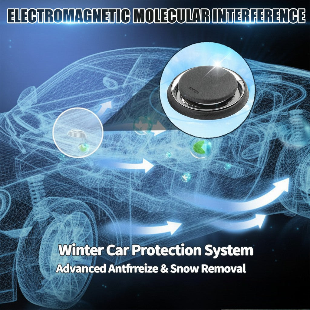 Car protection system with electromagnetic molecular interference technology on a blue background