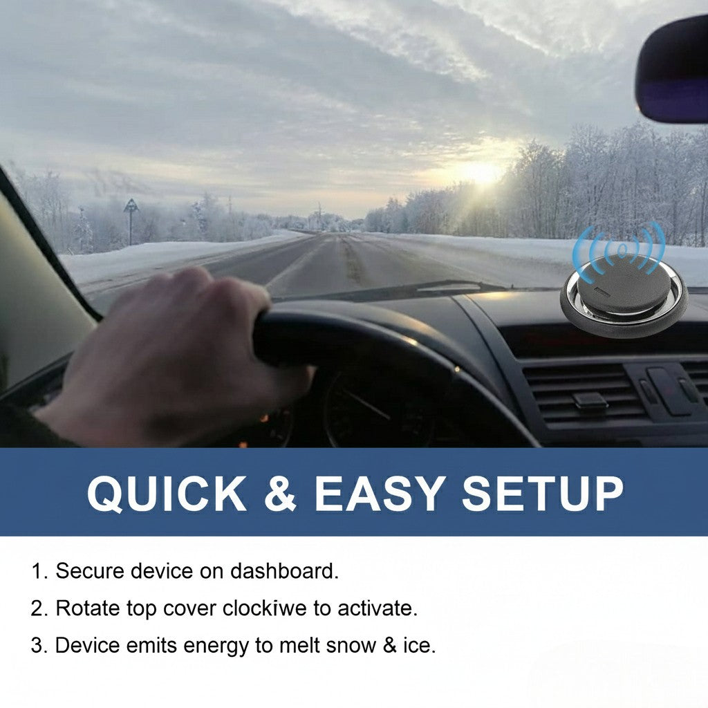 Car dashboard with a device emitting energy to melt snow and ice, on a snowy road.