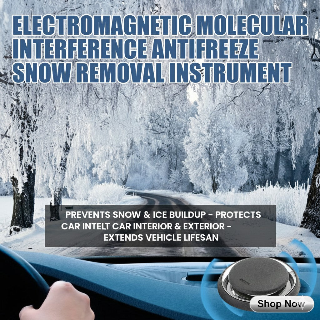 Promotional image of a snow removal instrument with a snowy landscape and car interior.