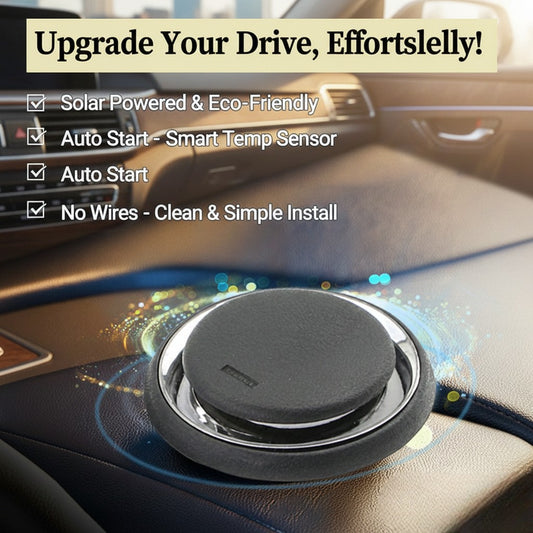 Car dashboard with a solar-powered device and promotional text about its features.