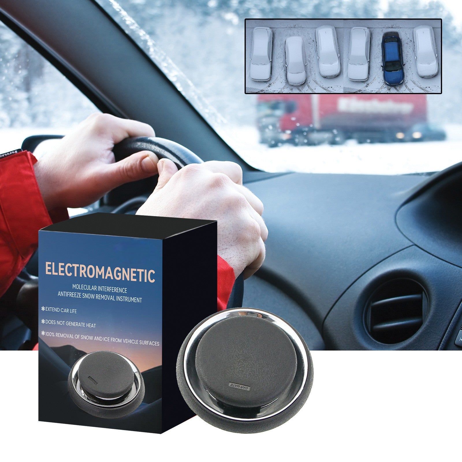 Electromagnetic snow removal instrument in a car with packaging and inset showing usage.