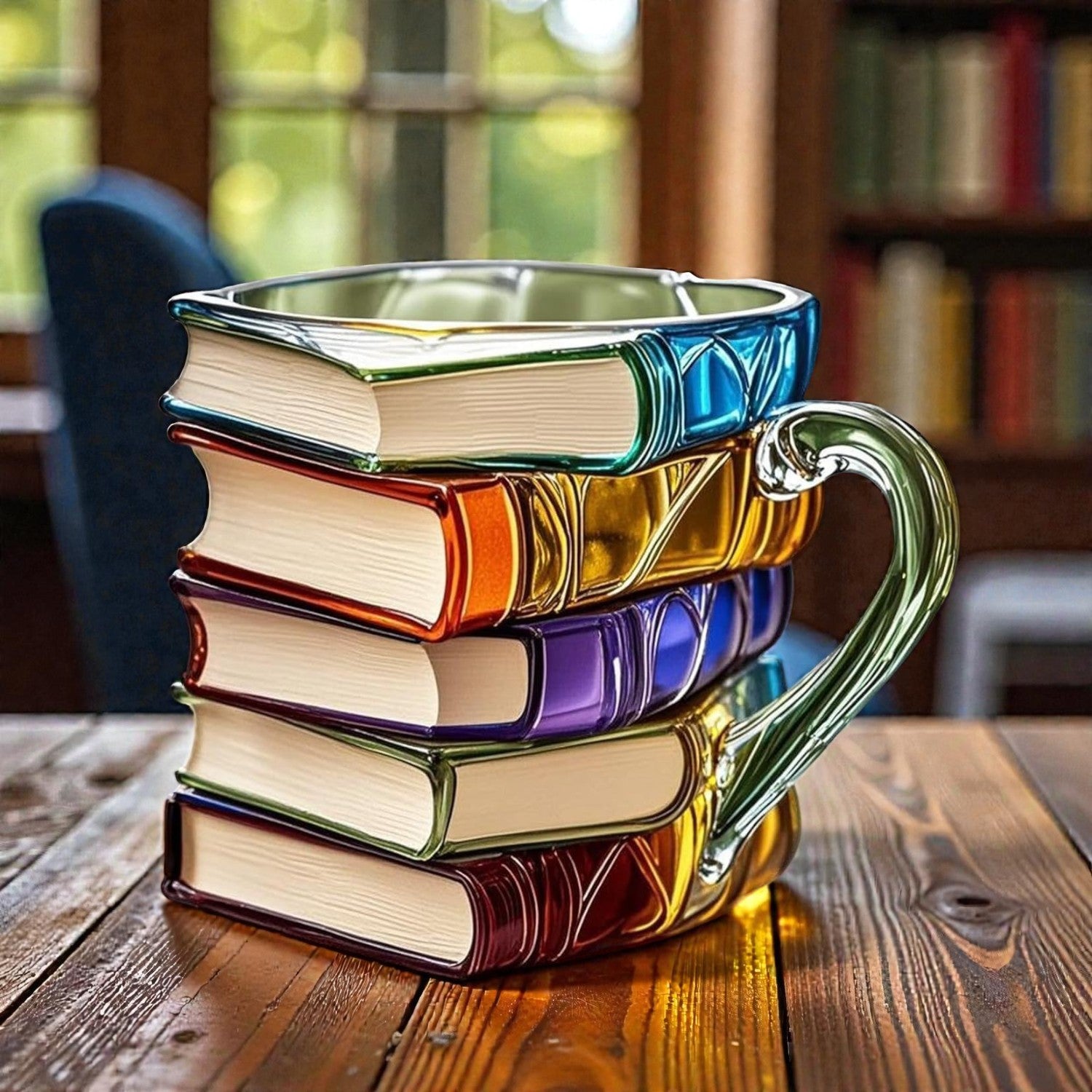 Colorful mug designed like stacked books on a wooden table