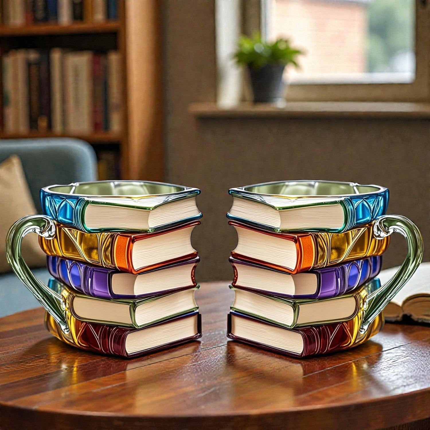 Colorful book-shaped glass mugs on a wooden table with a bookshelf in the background.