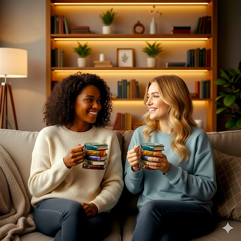 Two women sitting on a couch holding colorful mugs in a cozy living room.