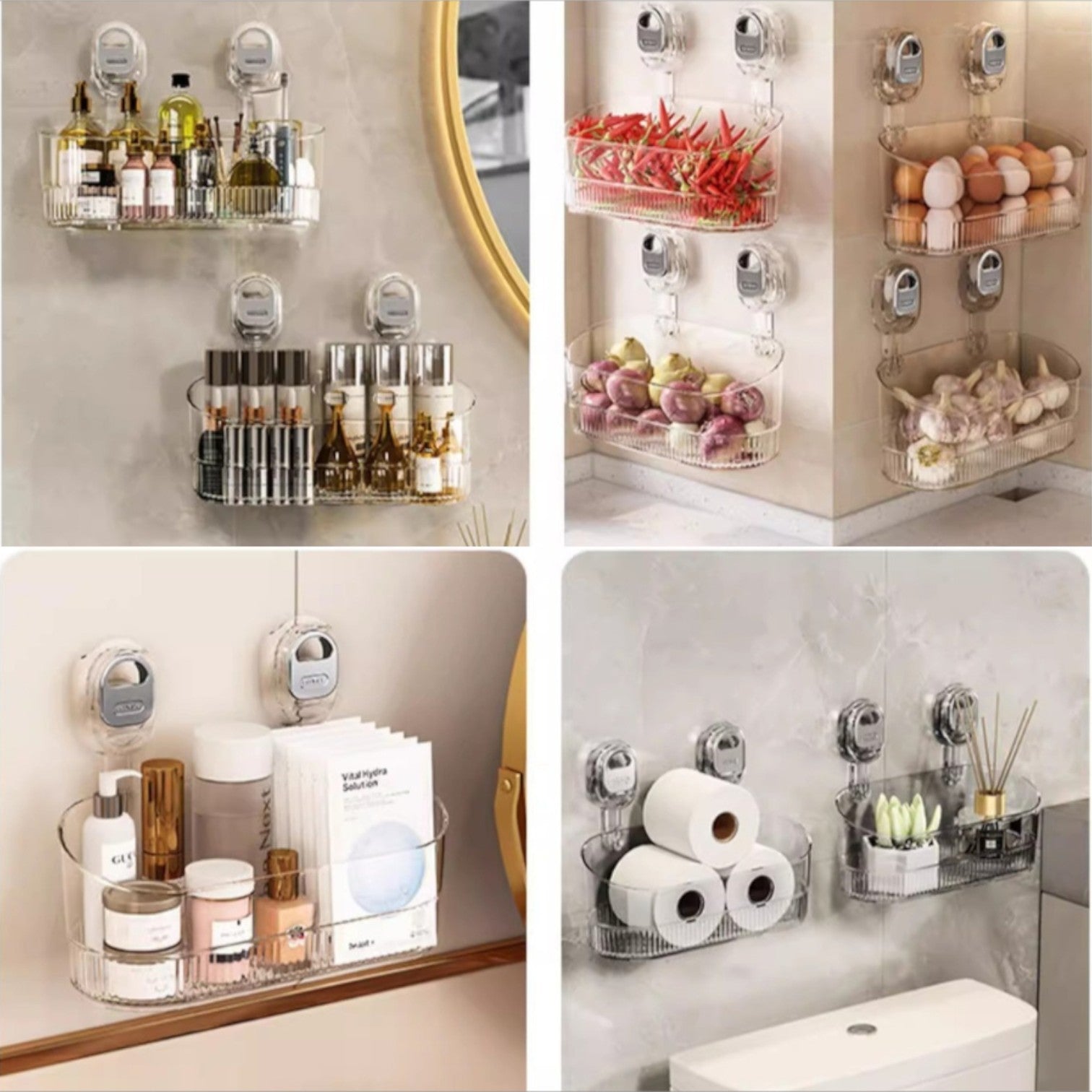 Collage of wall-mounted storage solutions in various settings.
