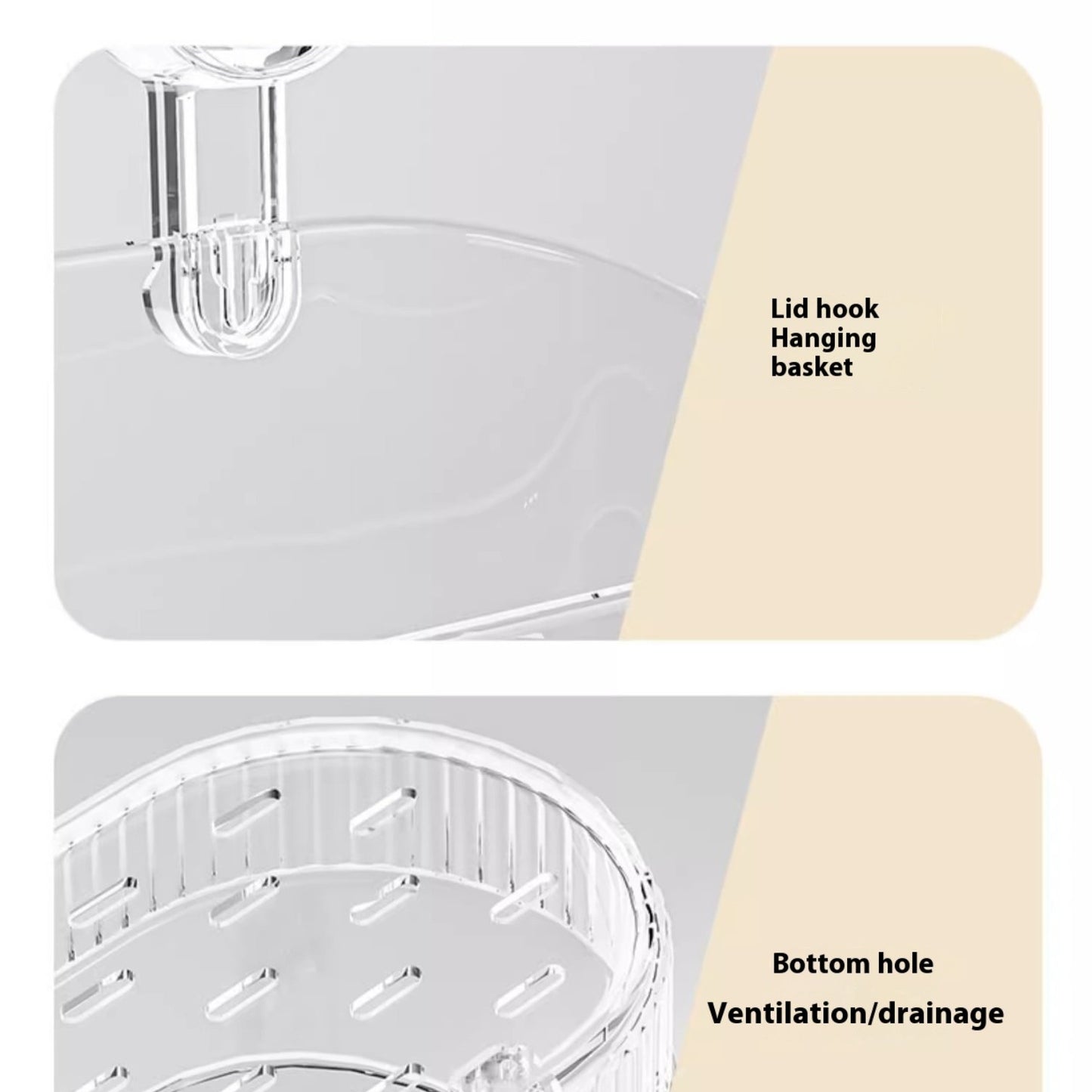 Collage of a lid hook, hanging basket, and bottom hole with labels on a beige background.