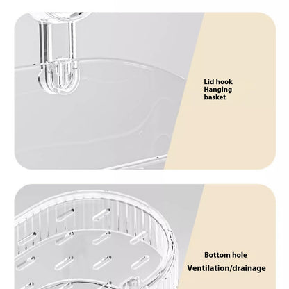 Collage of a lid hook, hanging basket, and bottom hole with labels on a beige background.