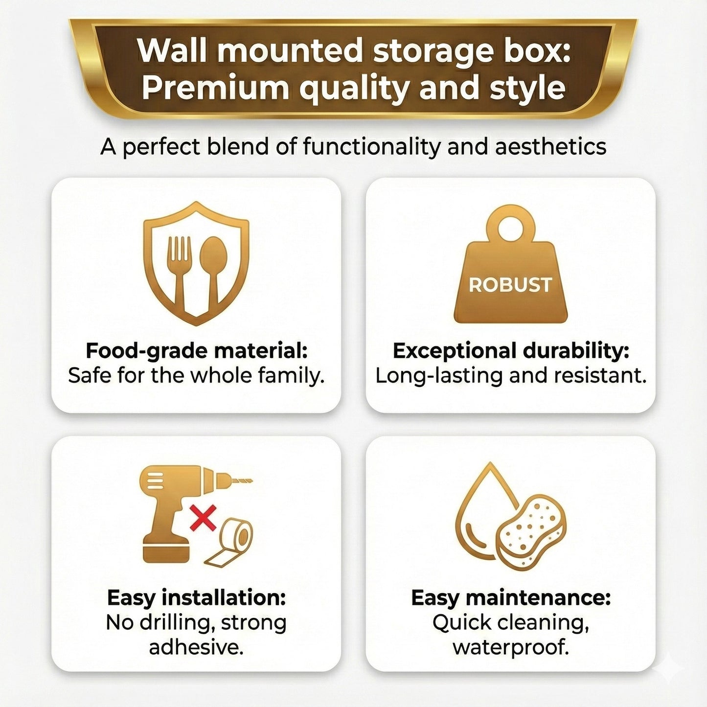 Promotional graphic for a wall-mounted storage box highlighting features like food-grade material, robustness, easy installation, and maintenance.