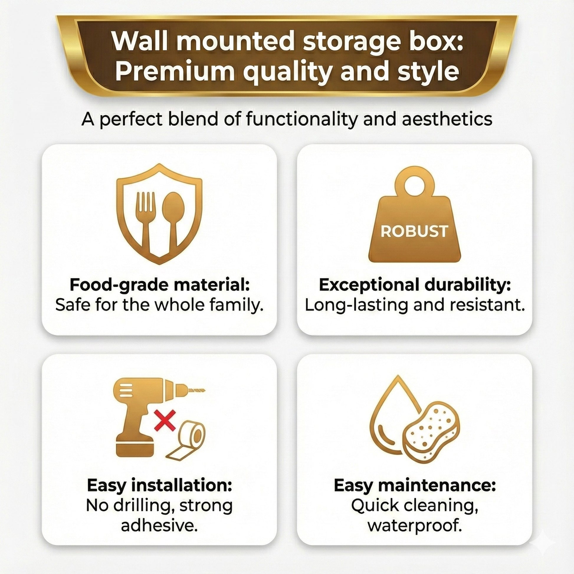 Promotional graphic for a wall-mounted storage box highlighting features like food-grade material, robustness, easy installation, and maintenance.