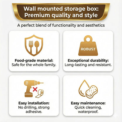 Promotional graphic for a wall-mounted storage box highlighting features like food-grade material, robustness, easy installation, and maintenance.