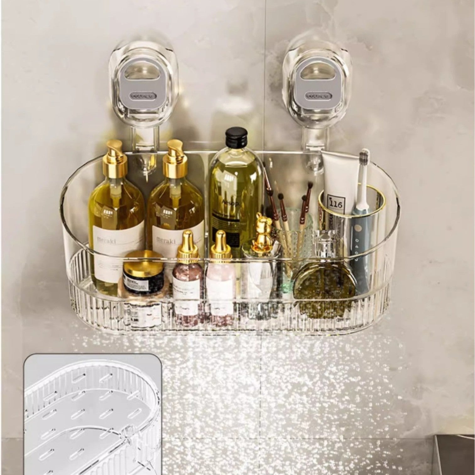 Clear plastic organizer with bathroom products on a tiled wall.