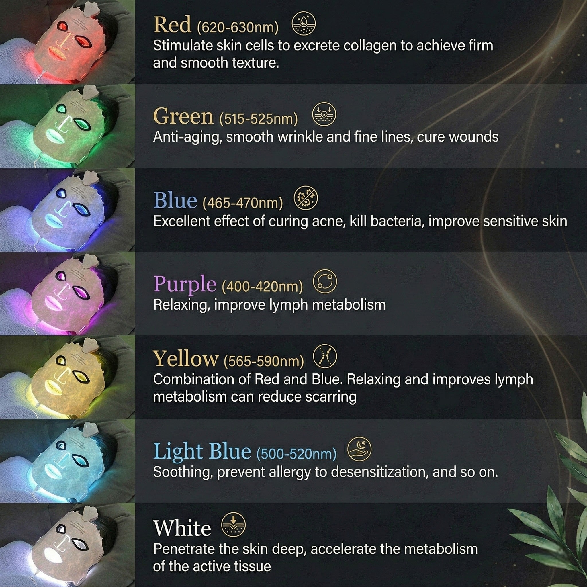 Color therapy plushies with corresponding wavelength and benefits on a dark background