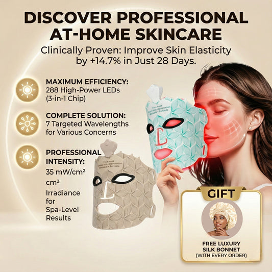 Promotional image of a skincare device with text highlighting its benefits and a woman using it.