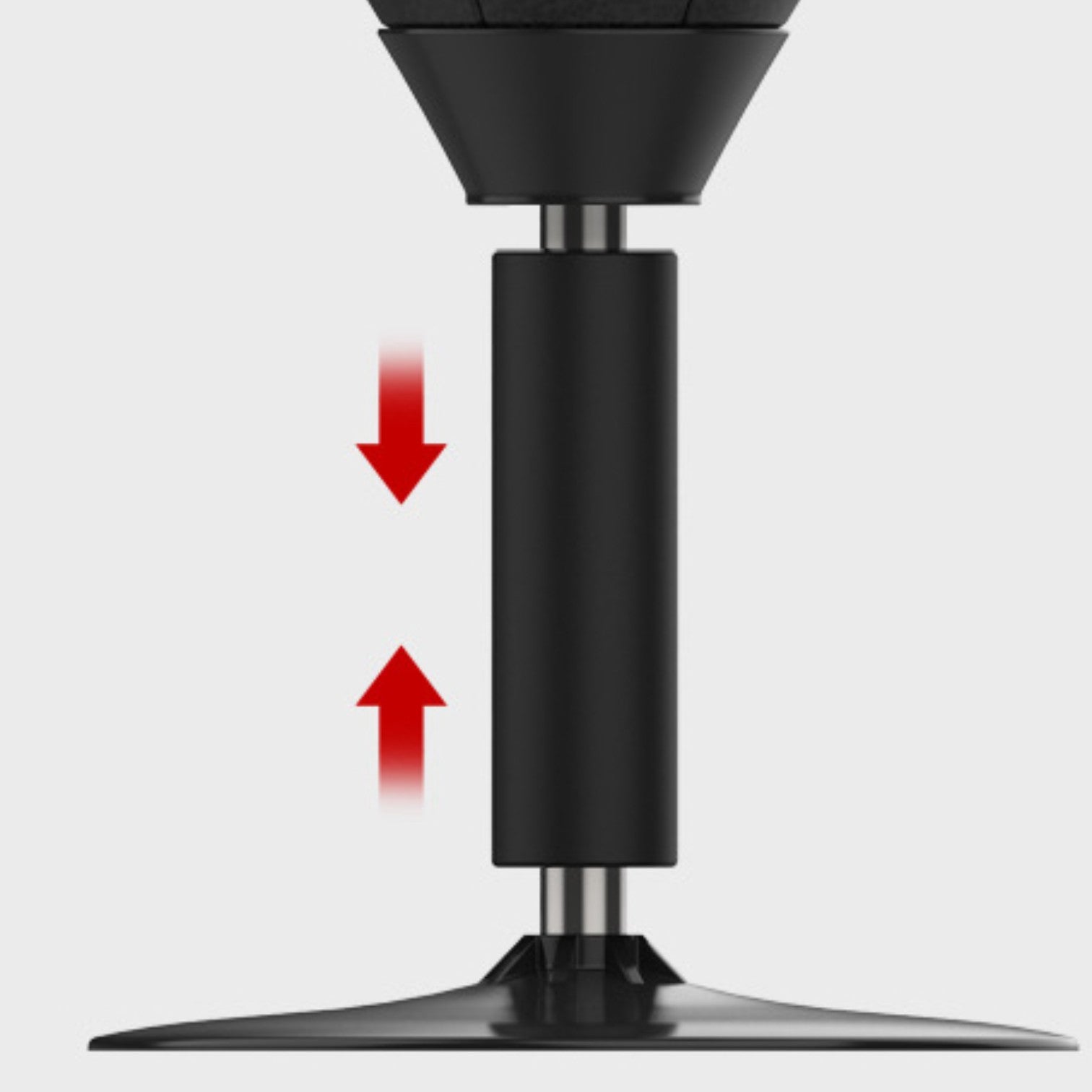 Black adjustable stand with red arrows indicating movement direction on a white background