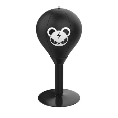 Black punching bag with a bear logo on a white background