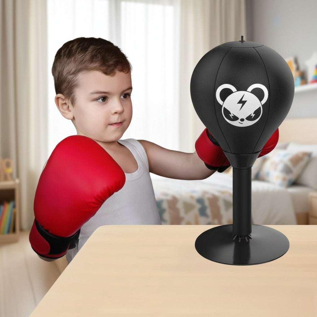 Child wearing red boxing gloves interacting with a black punching bag in a living room setting.
