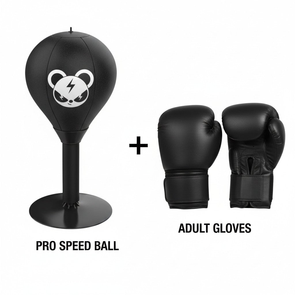 Black boxing speed ball and adult gloves on a white background