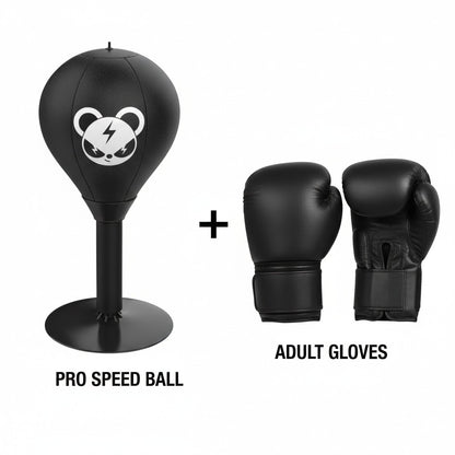 Black boxing speed ball and adult gloves on a white background