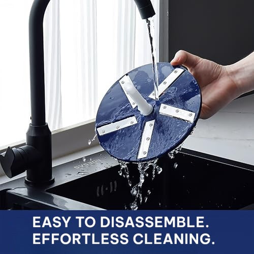 Person holding a blue and silver filter over a sink with water flowing, text 'Easy to disassemble. Effortless cleaning.'