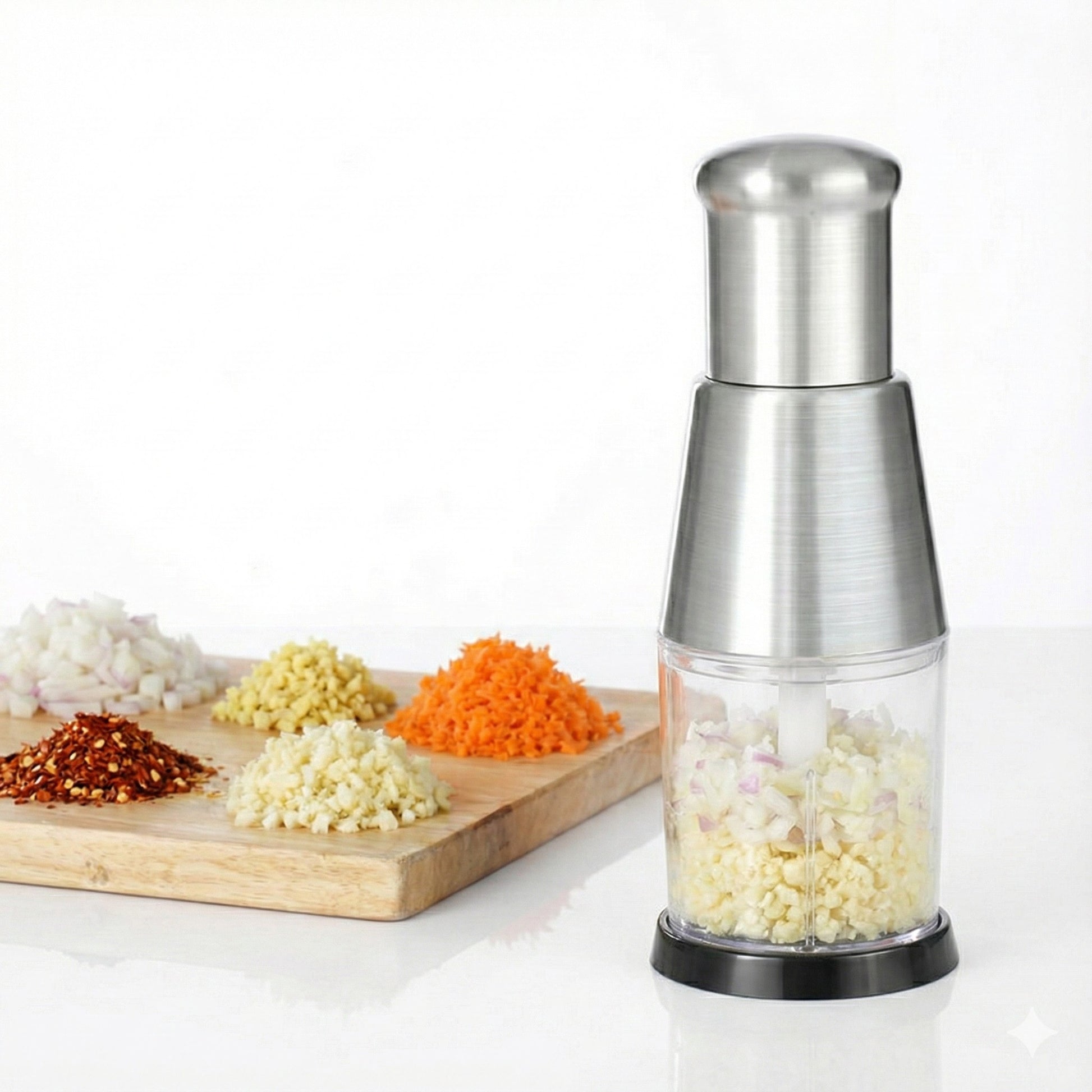 Metallic grinder with ground ingredients on a white background