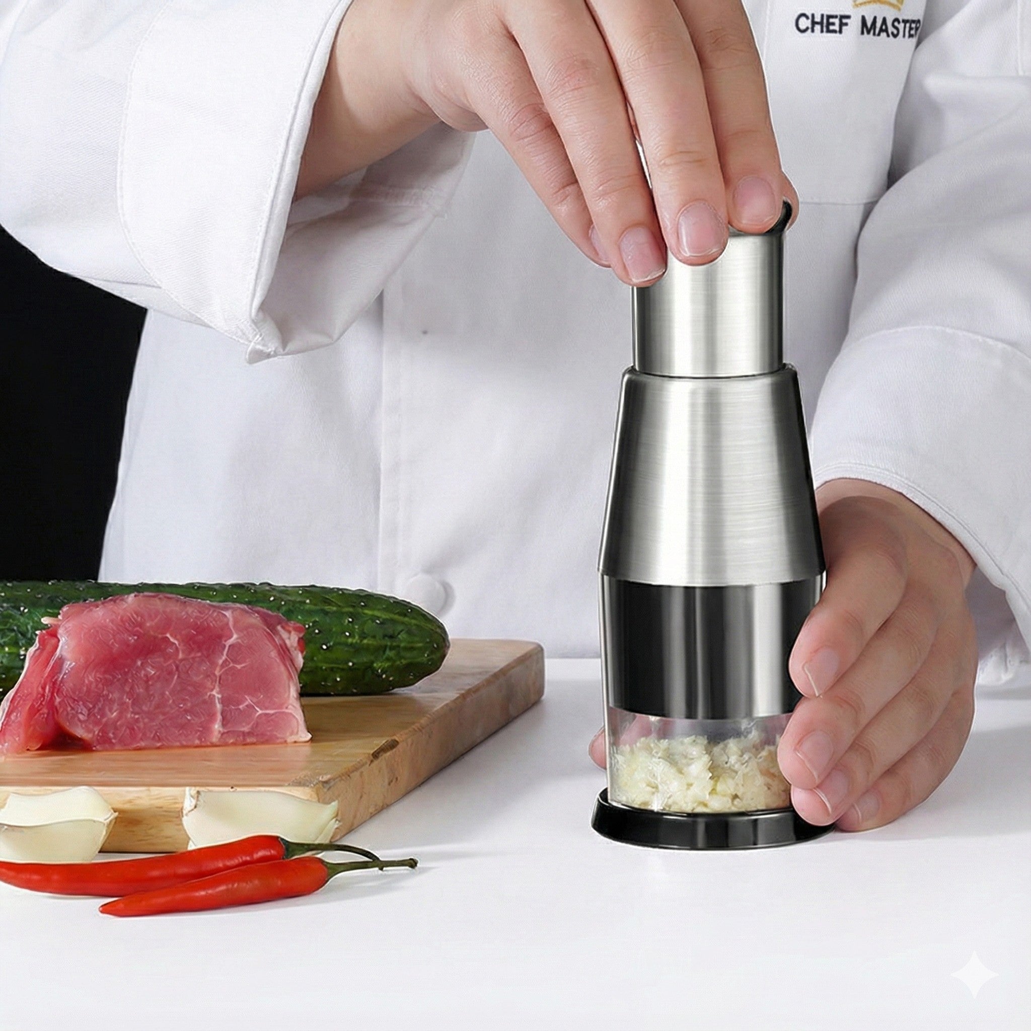 Person using a pepper grinder with ingredients on a cutting board