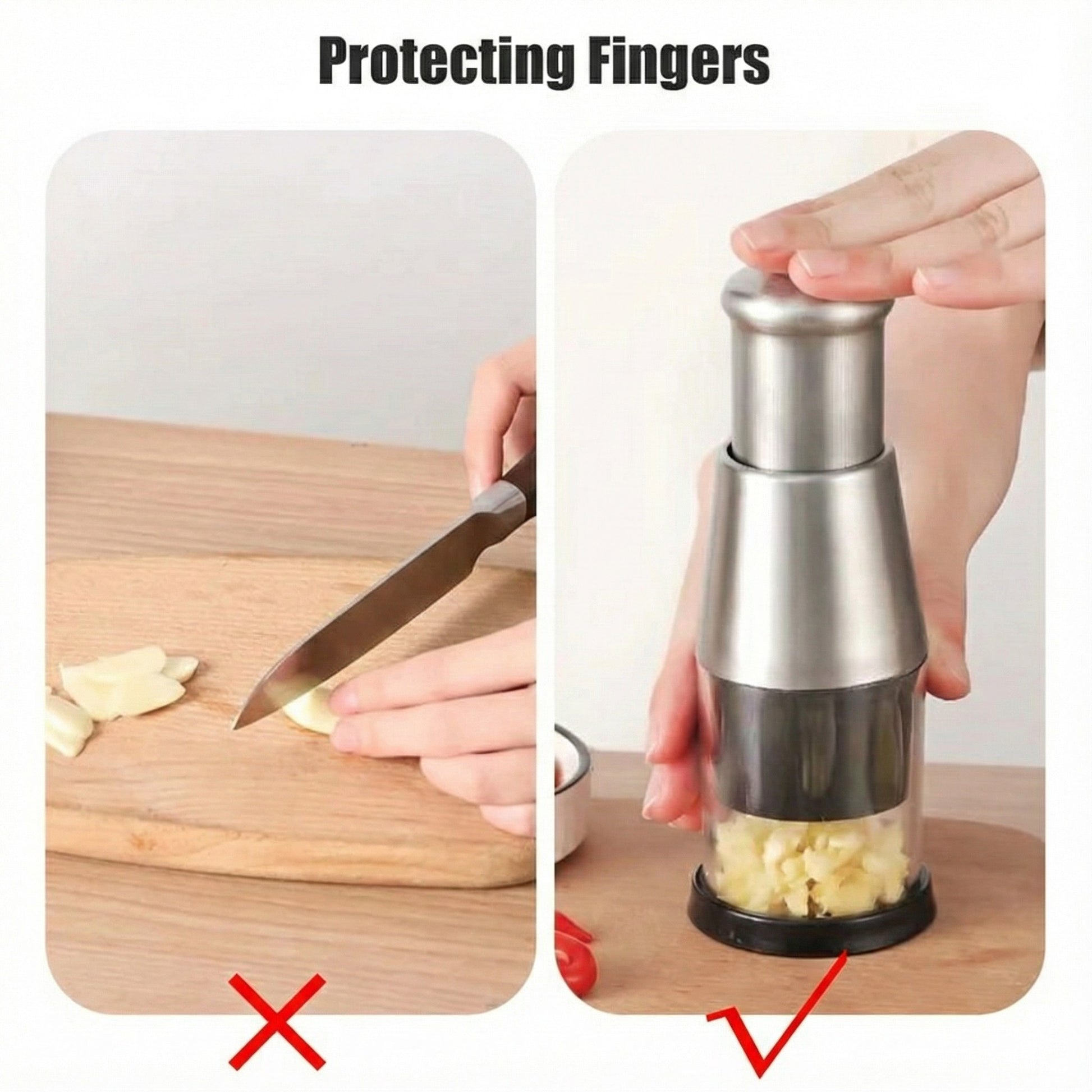 Comparison of using a garlic press versus cutting garlic with a knife on a wooden board.