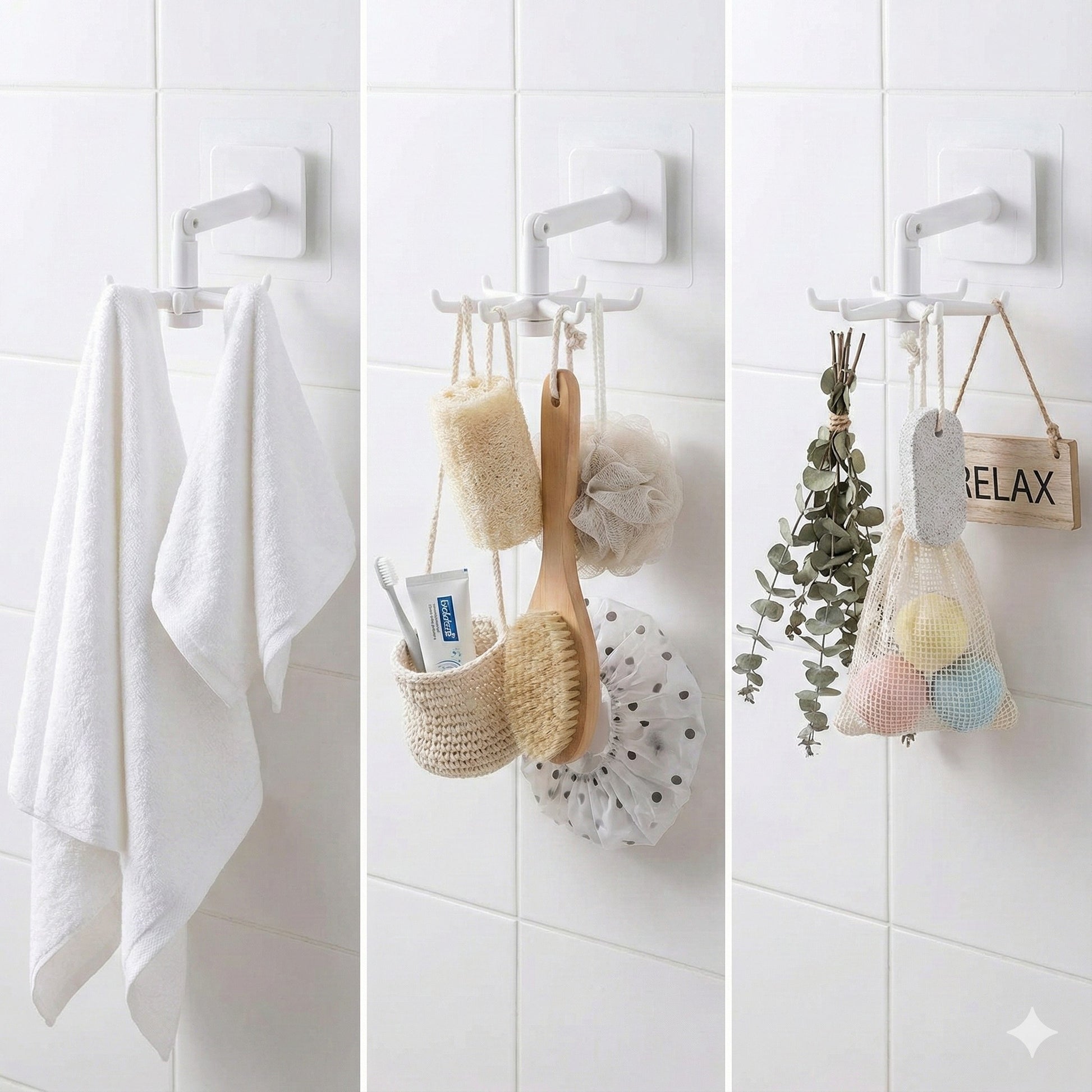 White wall-mounted hook with various bathroom items on a tiled wall.