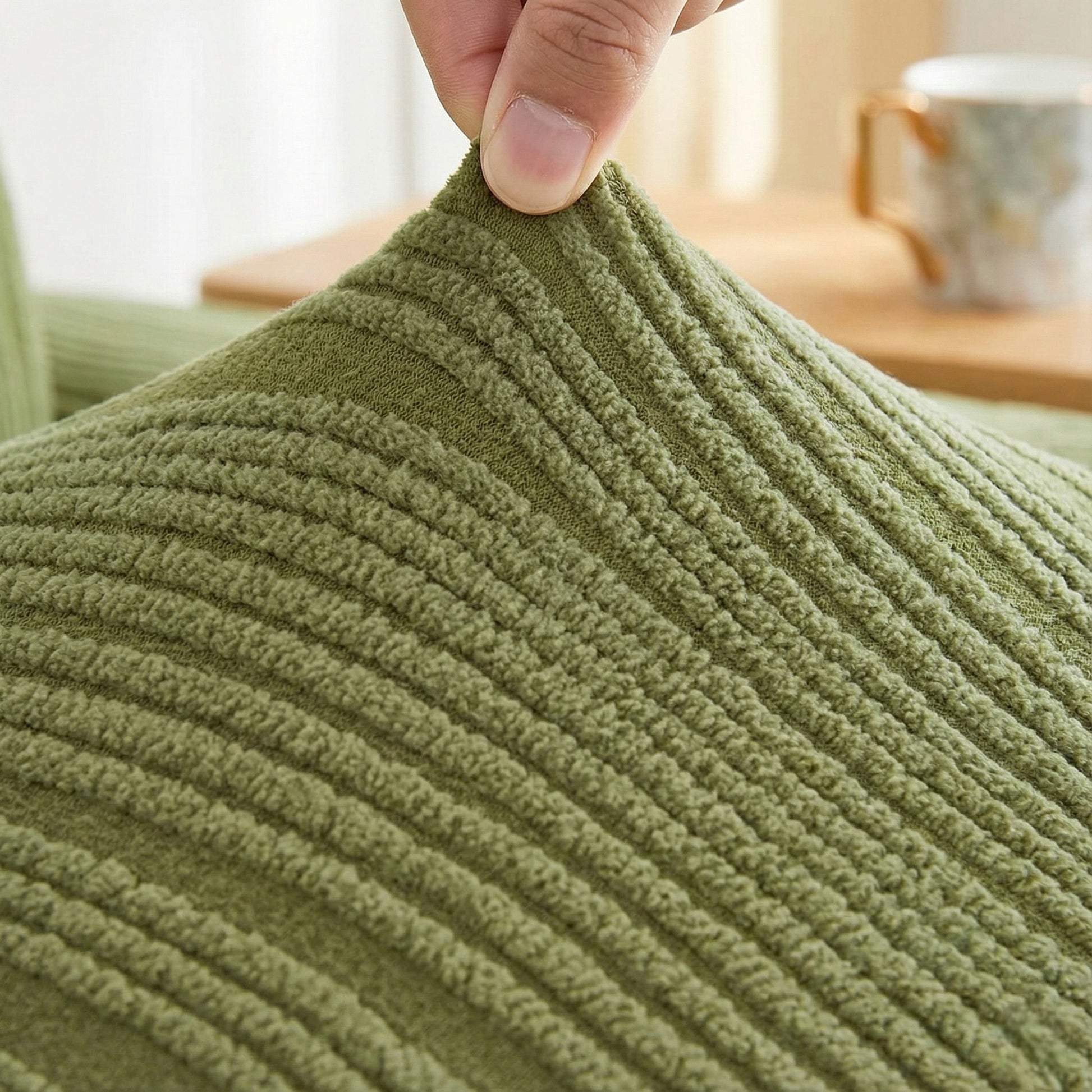 Close-up of a green textured fabric with a blurred indoor background