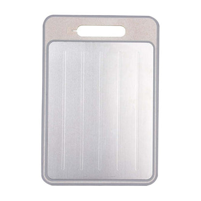 Rectangular metal cutting board with a handle on a white background