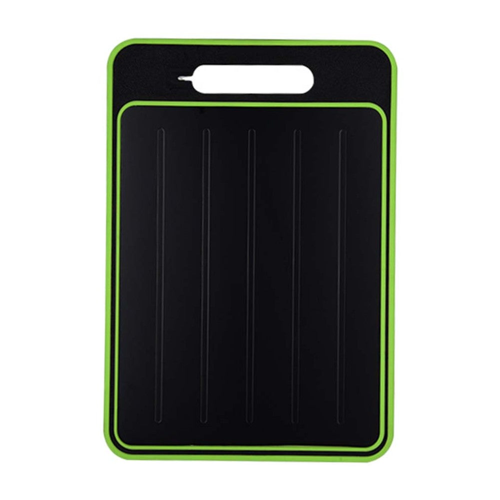 Black cutting board with green rim and handle on a white background