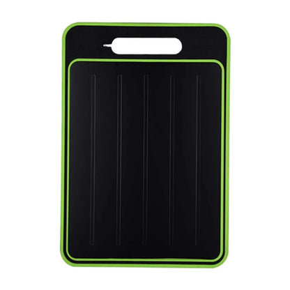 A black cutting board with a bright lime green border and a matching handle, shown against a plain white background.