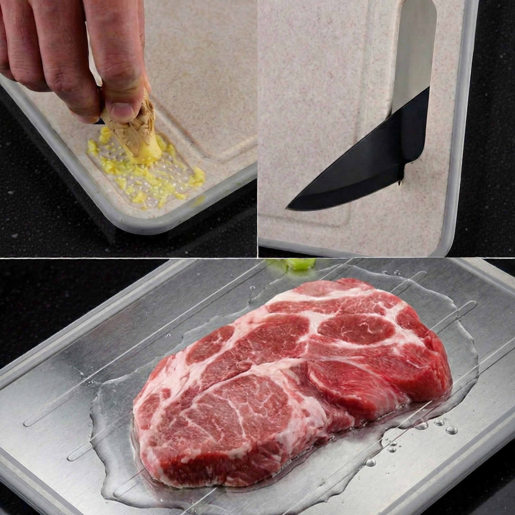 Collage of a cutting board with a knife, a hand applying a yellow substance, and a piece of raw meat on the board.