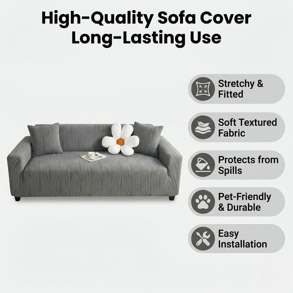 Gray sofa with a flower pillow on a white background, featuring text about high-quality sofa cover features.