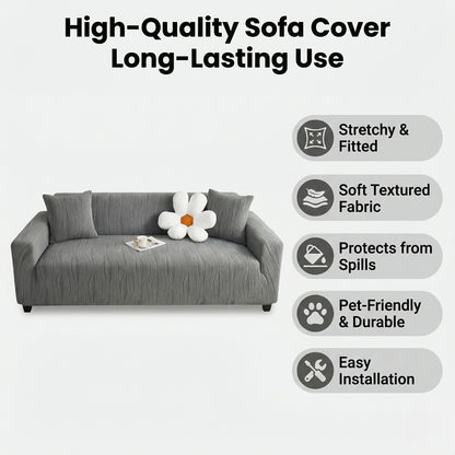 Gray sofa with a flower pillow on a white background, featuring text about high-quality sofa cover features.