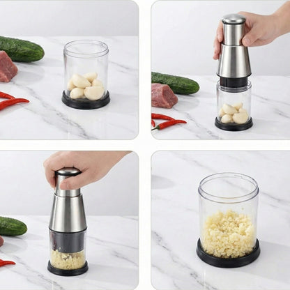 Collage of a person using a garlic press on a marble surface with vegetables and meat.