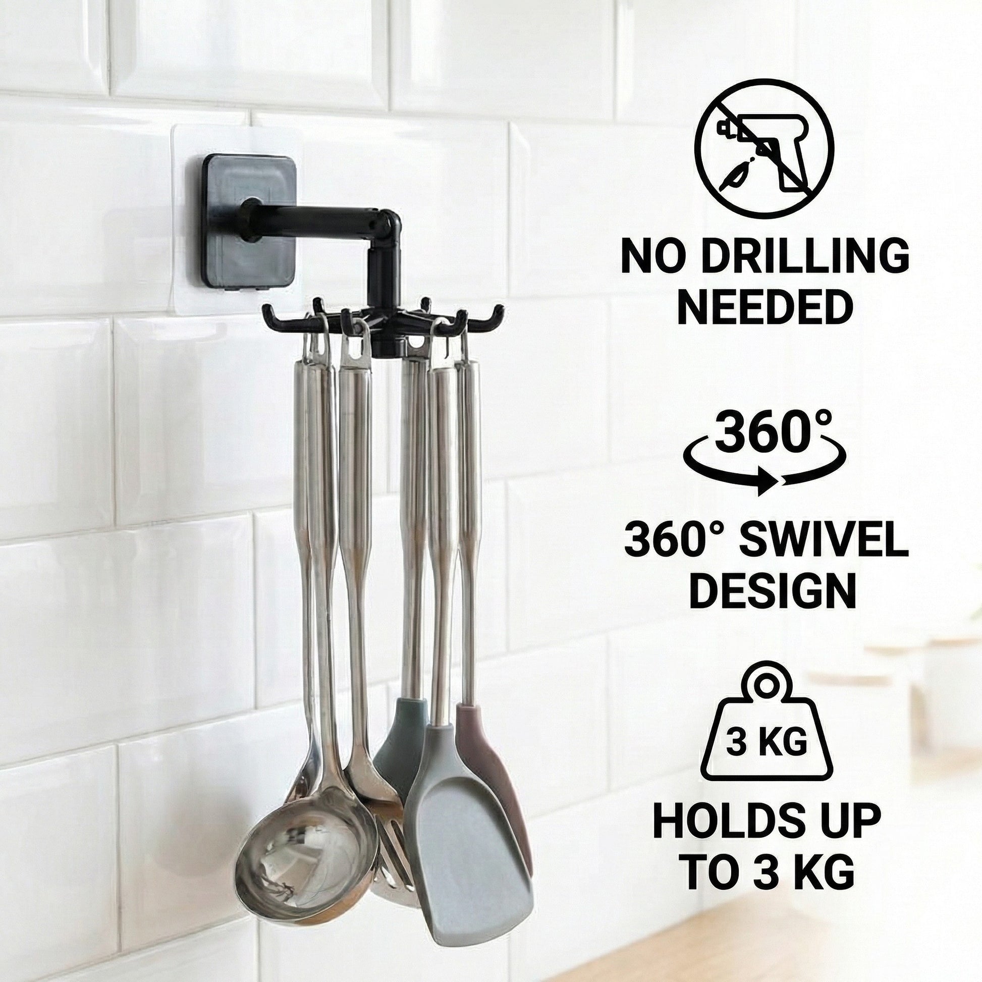 Wall-mounted kitchen utensil holder with swivel design and no drilling needed feature.