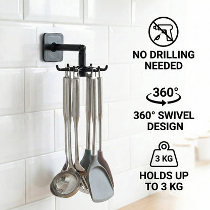Wall-mounted kitchen utensil holder with swivel design and no drilling needed feature.