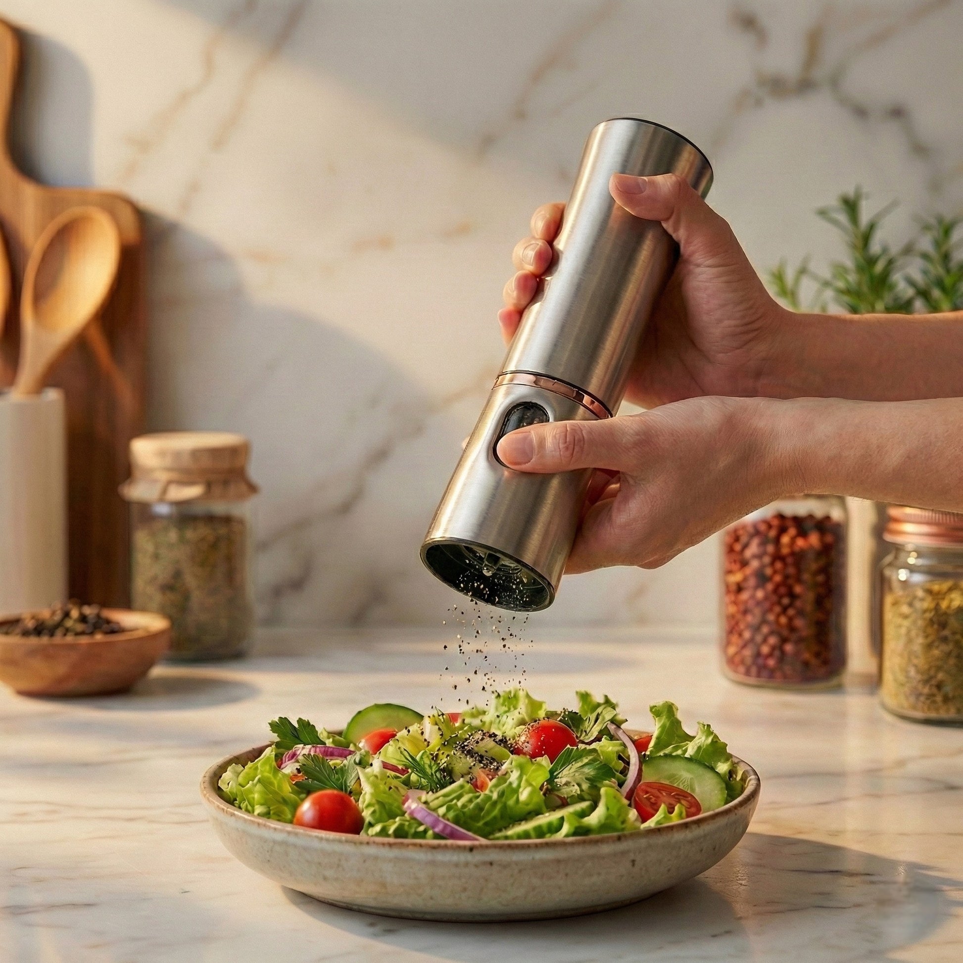 Person seasoning a salad with a pepper grinder in a kitchen setting