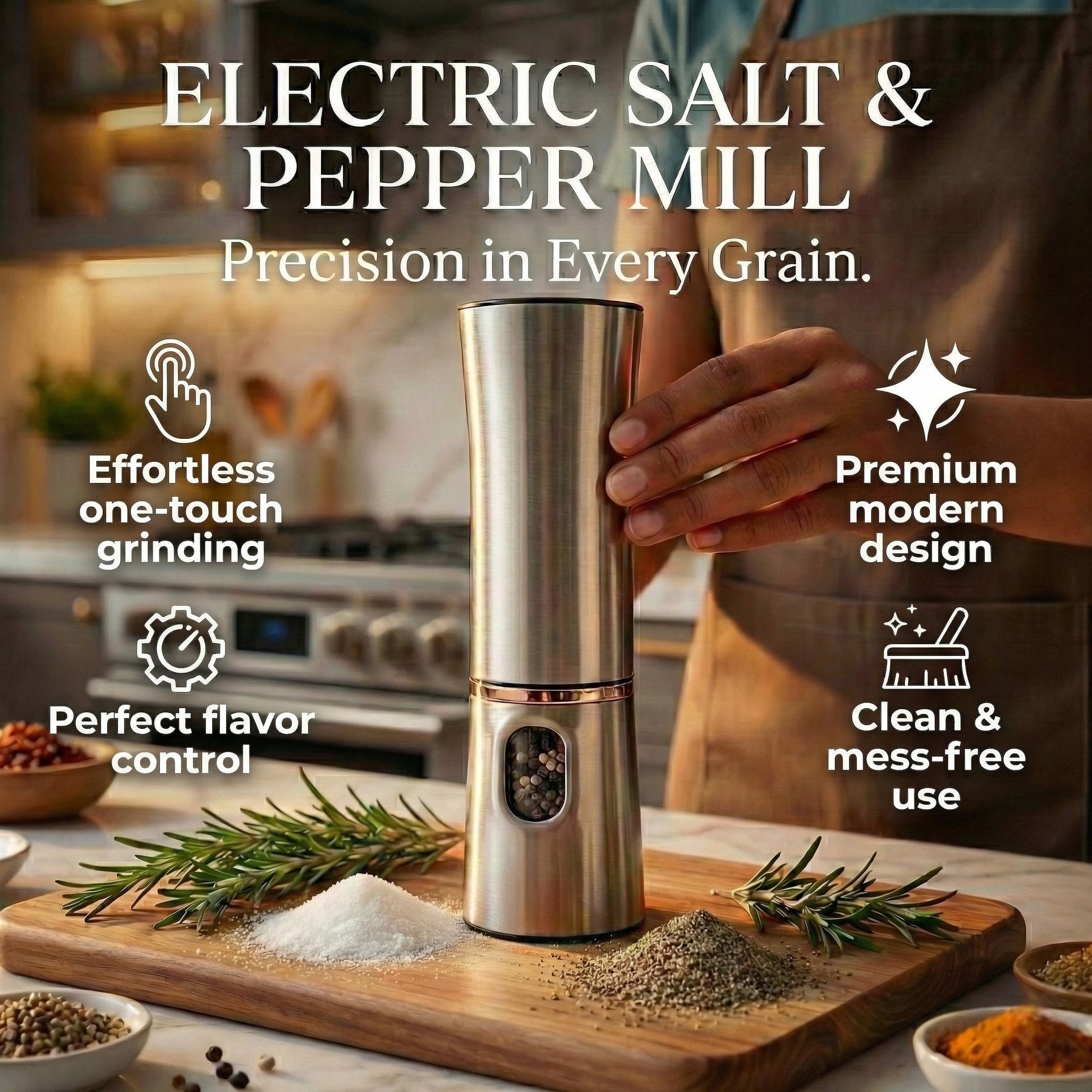 Electric salt and pepper mill on a kitchen counter with text highlighting features.