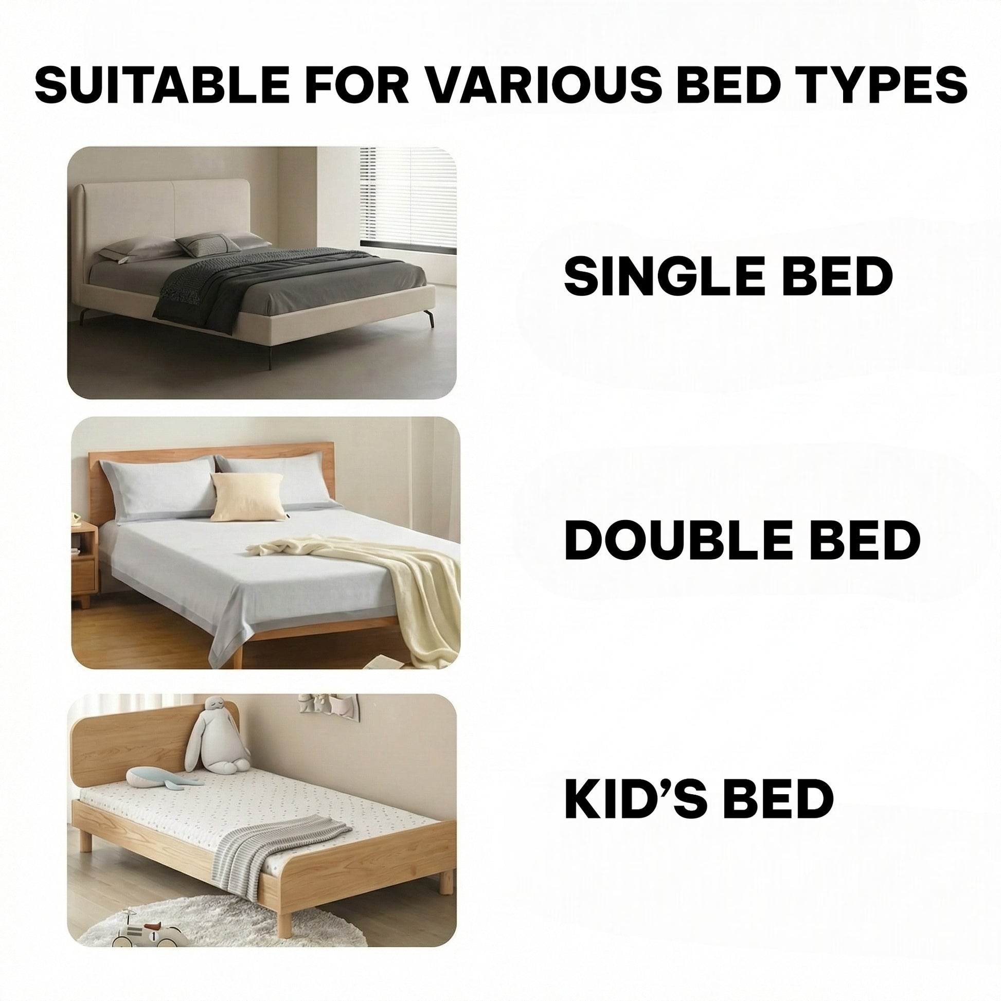 Bedding set suitable for various bed types including single, double, and kids' beds.
