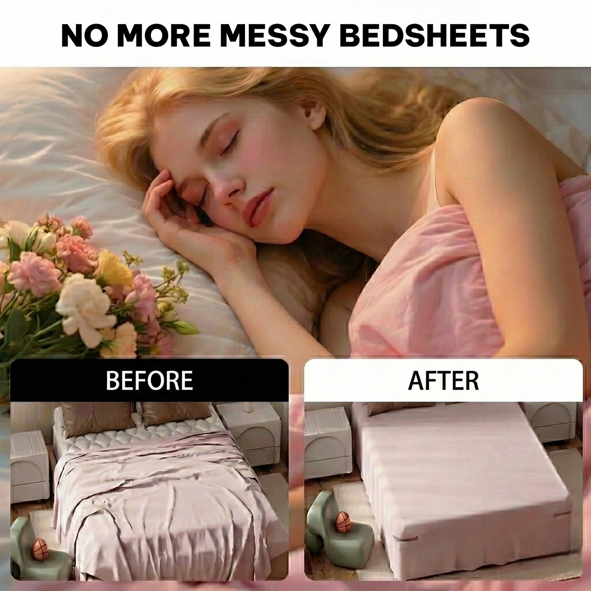 Woman sleeping with flowers on a bed, before and after using a mattress extender.