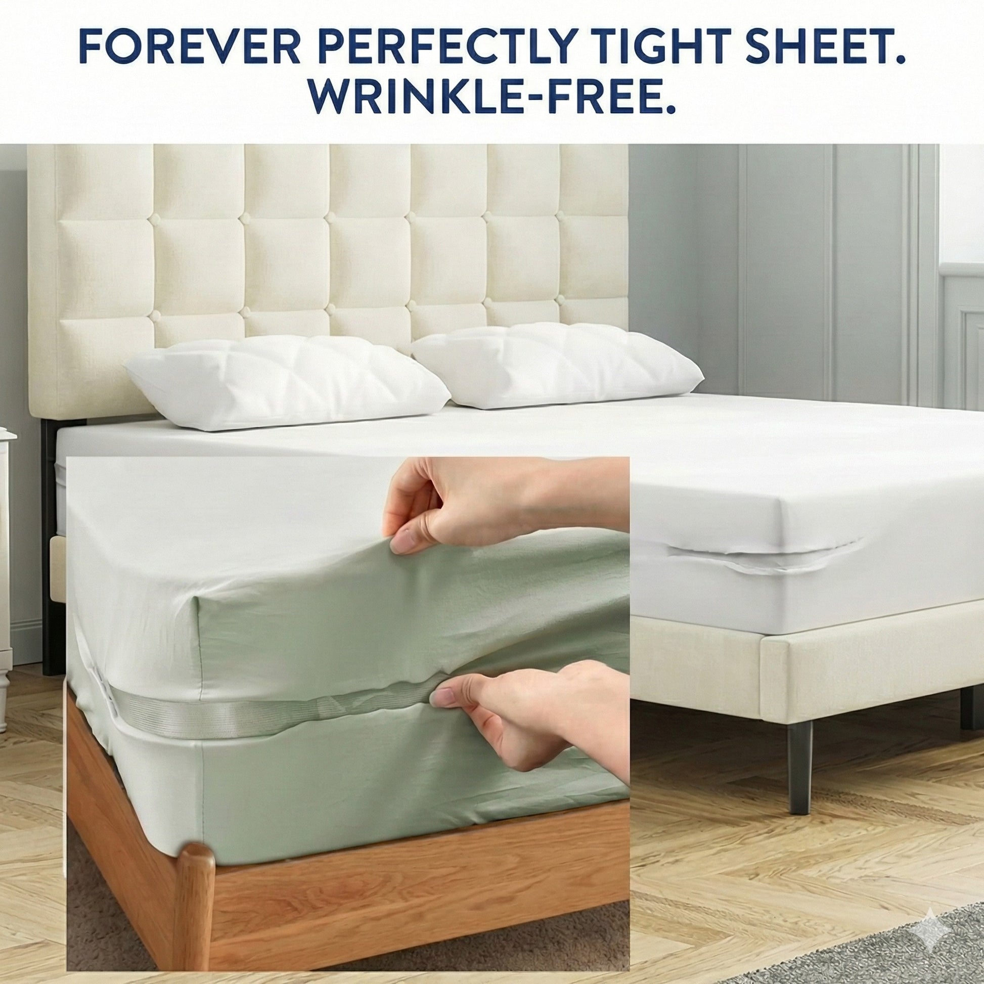 Bed with fitted sheet being adjusted, emphasizing wrinkle-free and perfectly tight sheet feature.