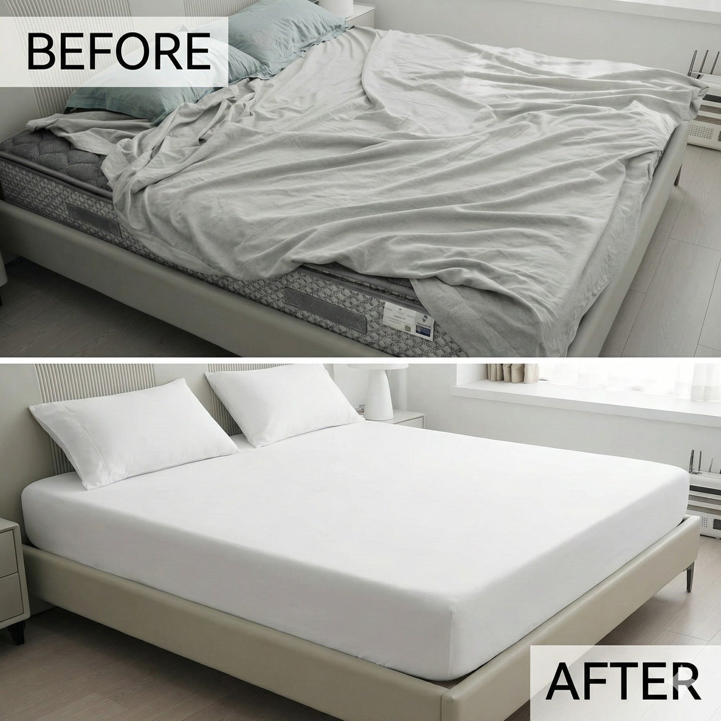 Comparison of a messy bed 'Before' and a neatly made bed with a mattress protector 'After'.