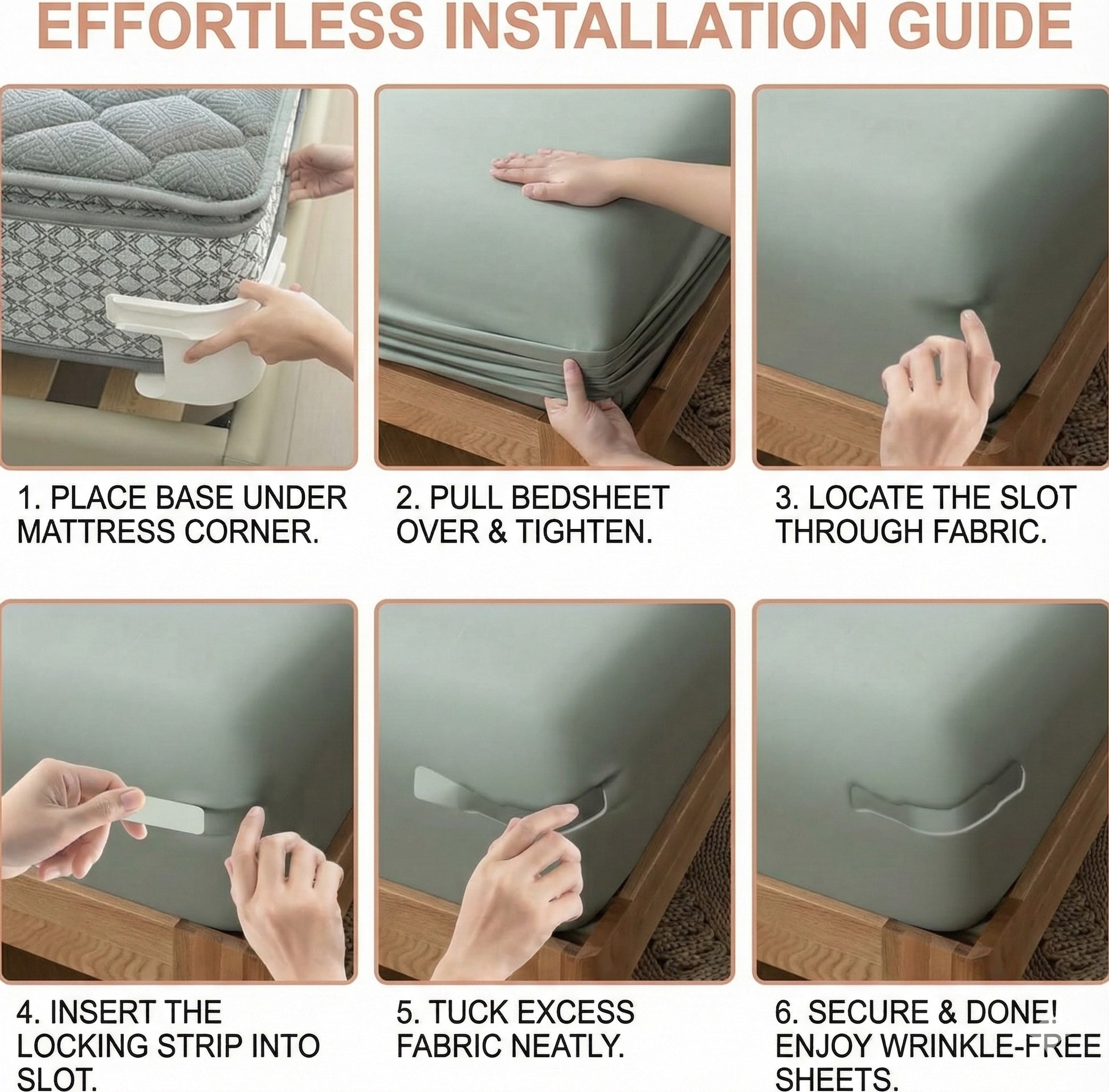 Step-by-step guide for installing wrinkle-free sheets with text and images.