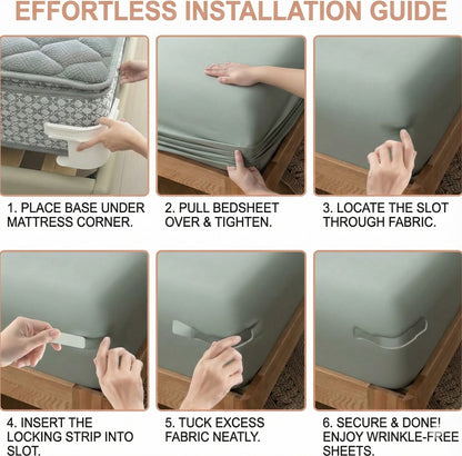 Step-by-step guide for installing wrinkle-free sheets with text and images.